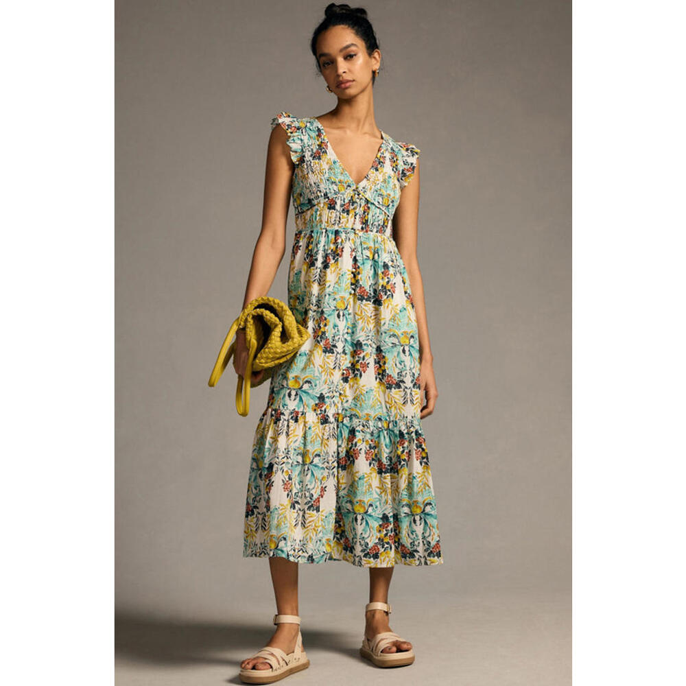 Anthropologie - Floral Print Midi Dress with Ruffle Sleeves and Pockets, Size XS